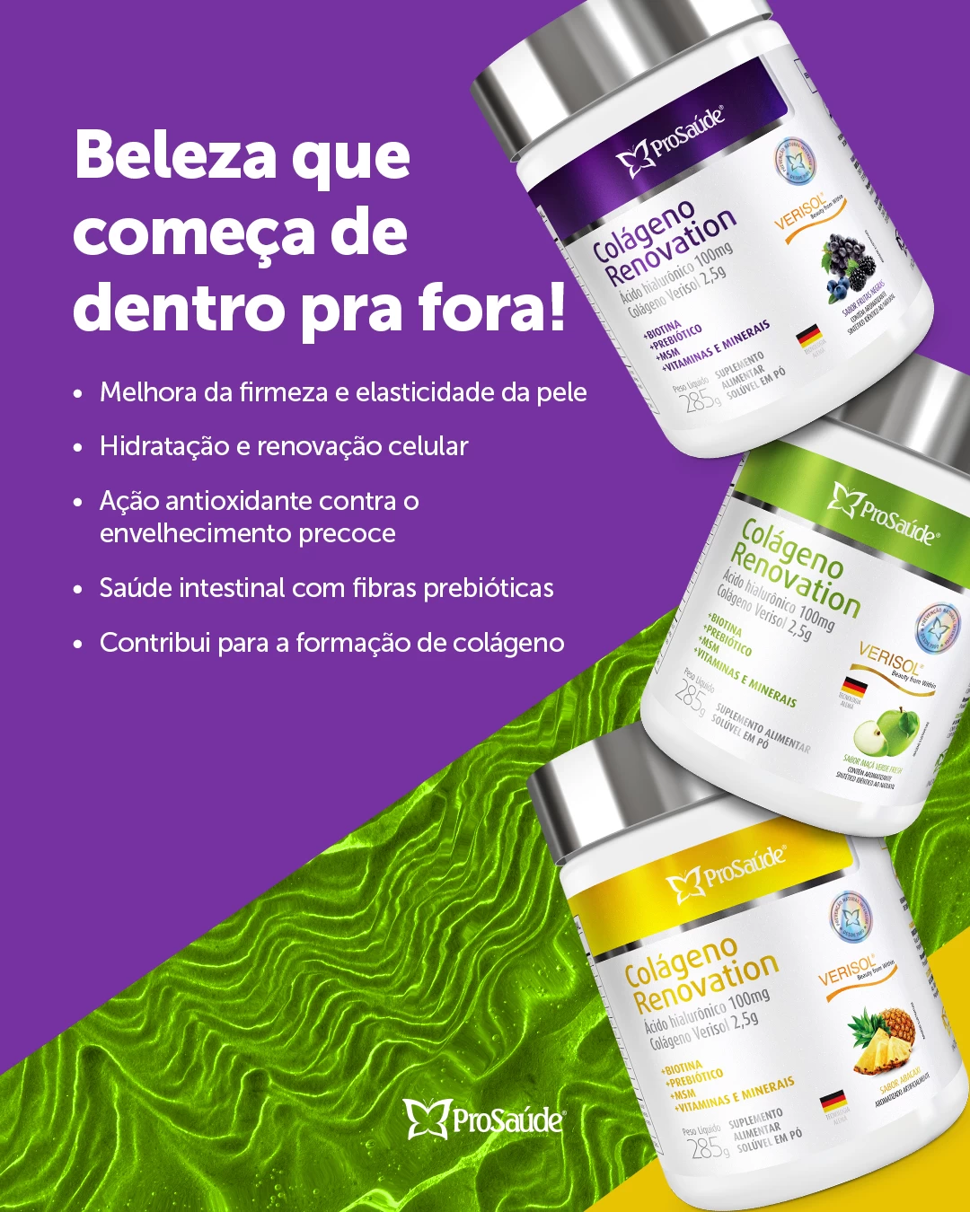 Colageno Renovation - Colágeno hidrolisado + Verisol + ácido hialuronico + Fibras Prebioticas + vitaminas e minerais - Sabor Frutas Negras